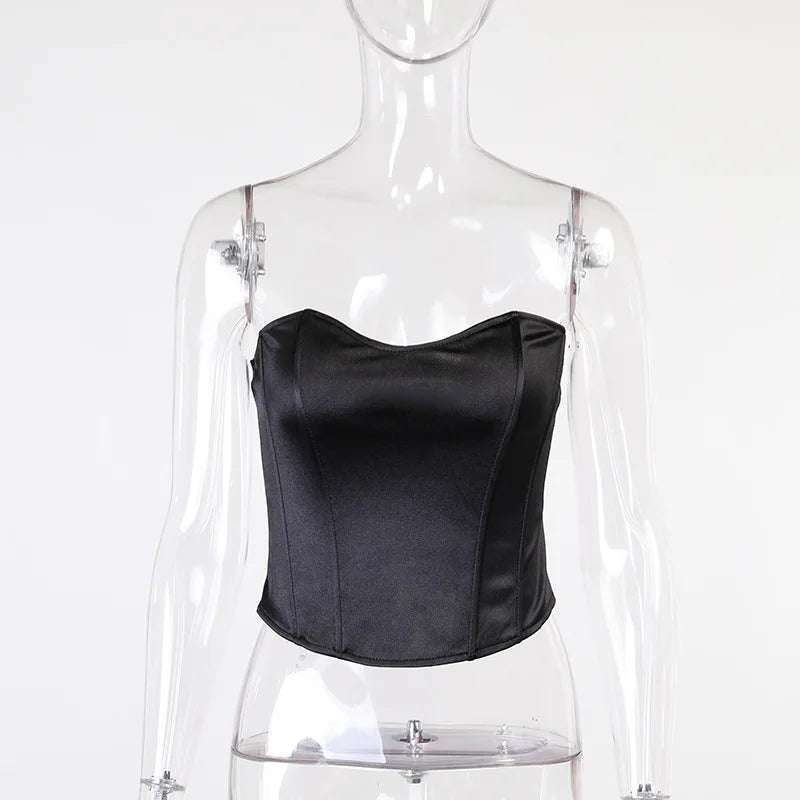 Strapless Satin Corset Tube Top – Solid Color Summer Crop