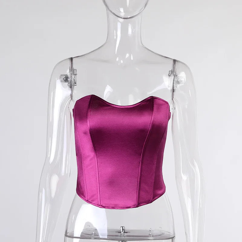 Strapless Satin Corset Tube Top – Solid Color Summer Crop