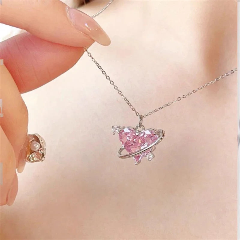 Pink Planet Heart Zircon Pendant Necklace – Aesthetic Clavicle Chain