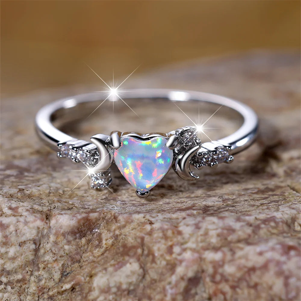 White Fire Opal Heart Ring – Rose Gold & Silver Tone