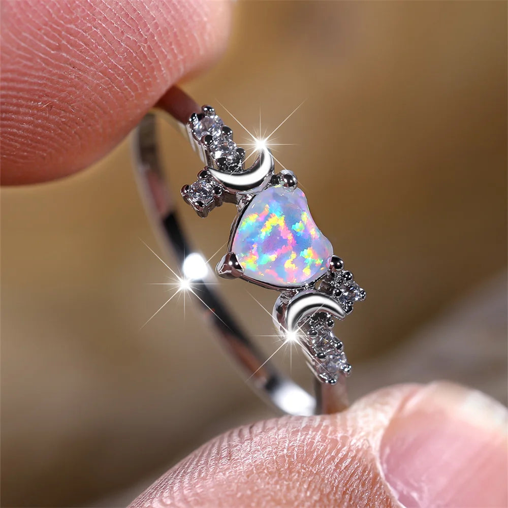 White Fire Opal Heart Ring – Rose Gold & Silver Tone