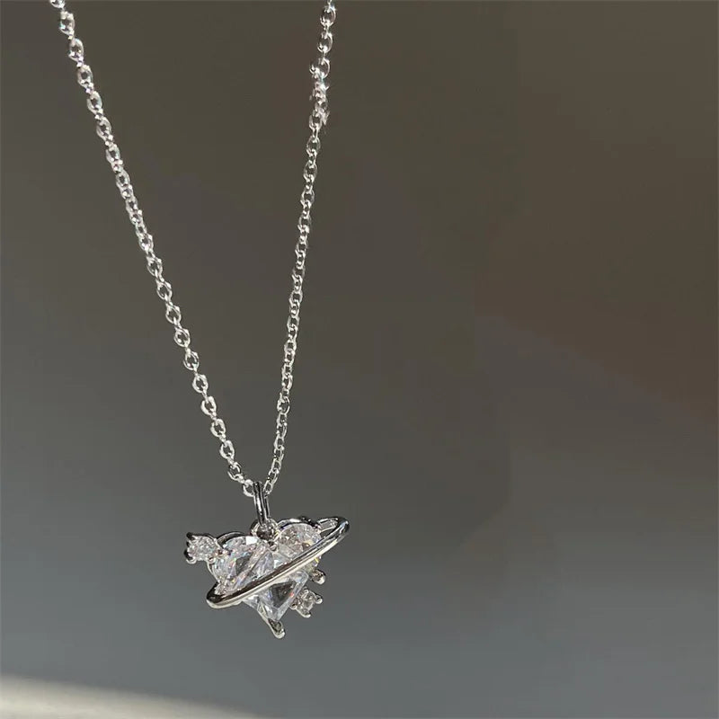 Pink Planet Heart Zircon Pendant Necklace – Aesthetic Clavicle Chain