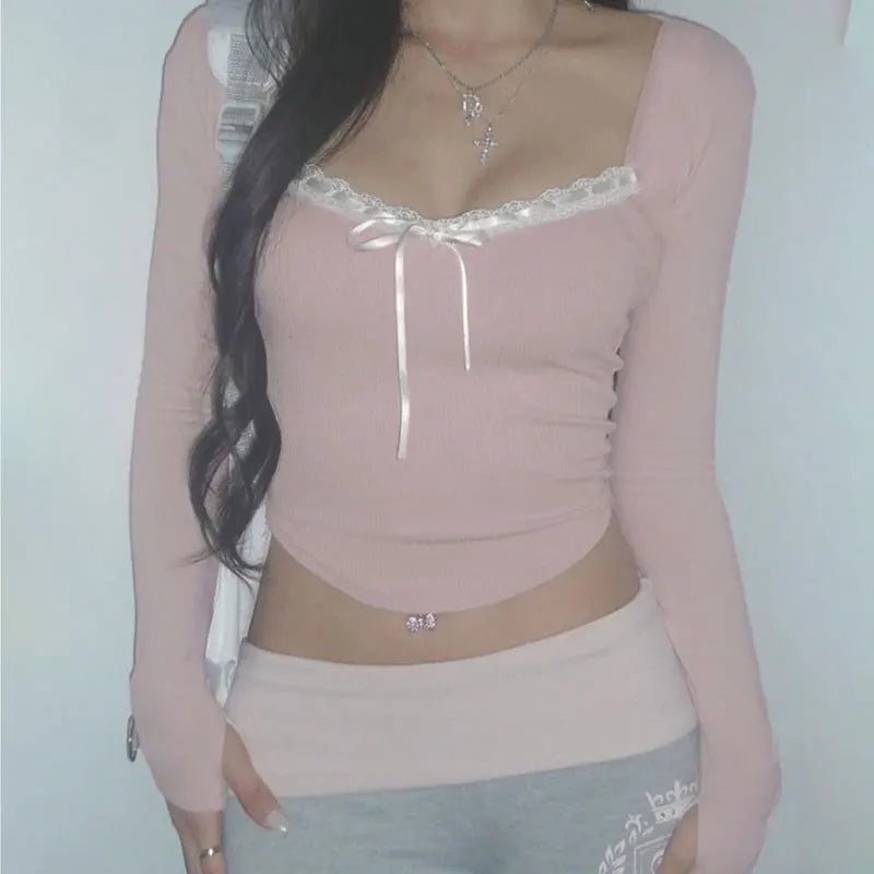 Pink Bow Bandage Cropped Tee – Sweet Y2K Coquette Top