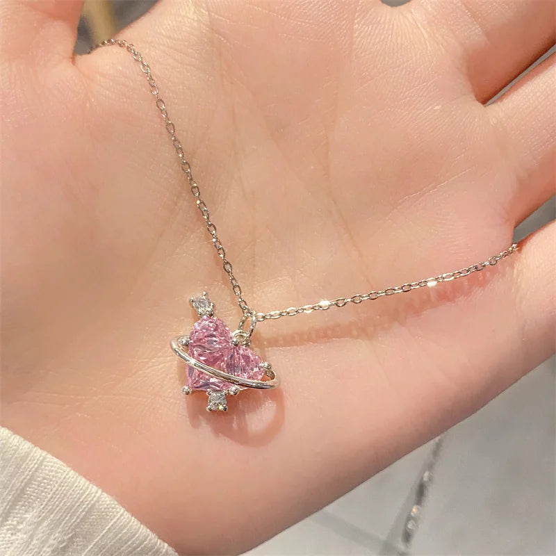 Pink Planet Heart Zircon Pendant Necklace – Aesthetic Clavicle Chain