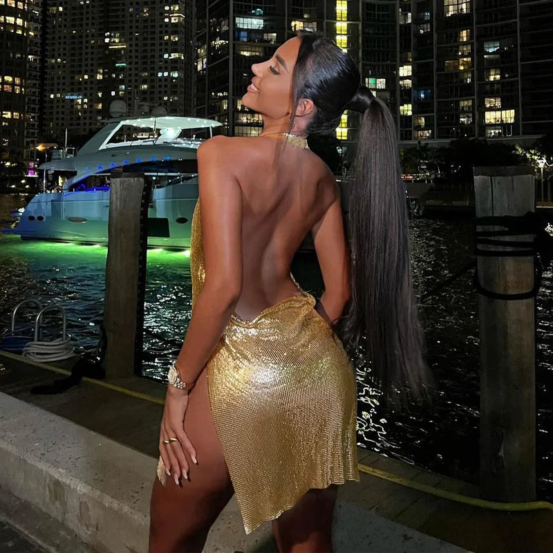 Sparkly Backless Sequin Mini Dress – Halter Neck Partywear