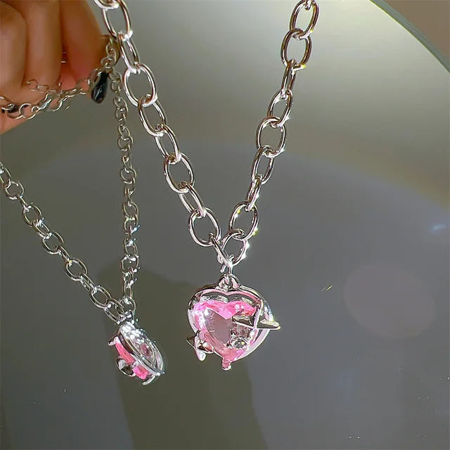 Pink Planet Heart Zircon Pendant Necklace – Aesthetic Clavicle Chain