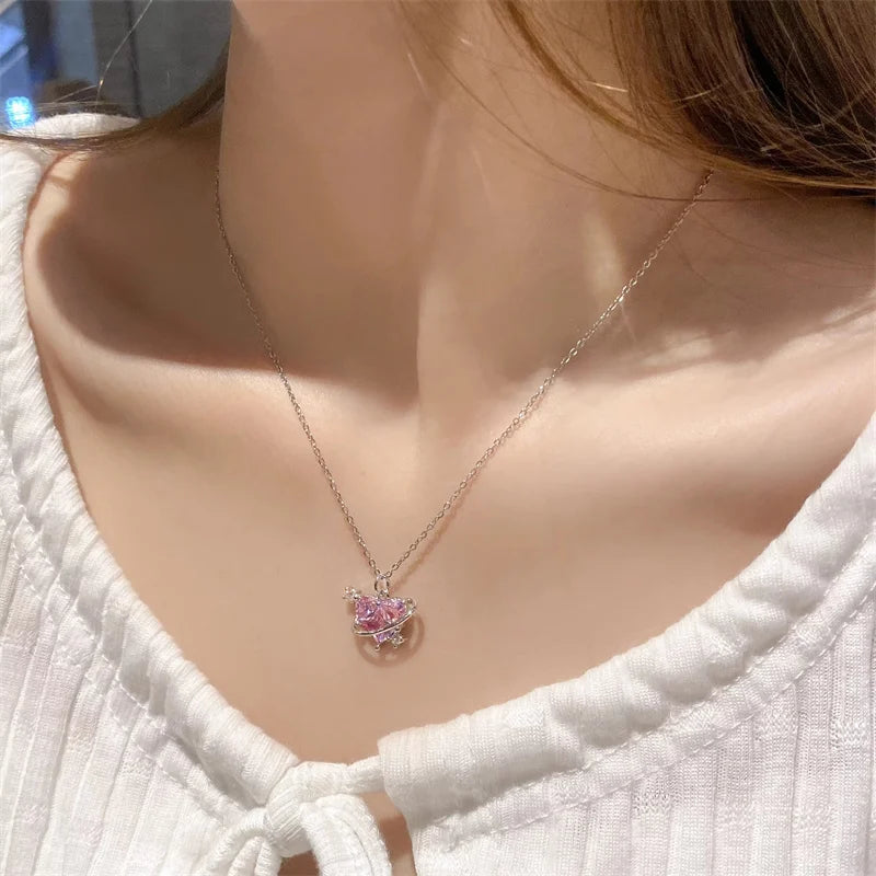 Pink Planet Heart Zircon Pendant Necklace – Aesthetic Clavicle Chain