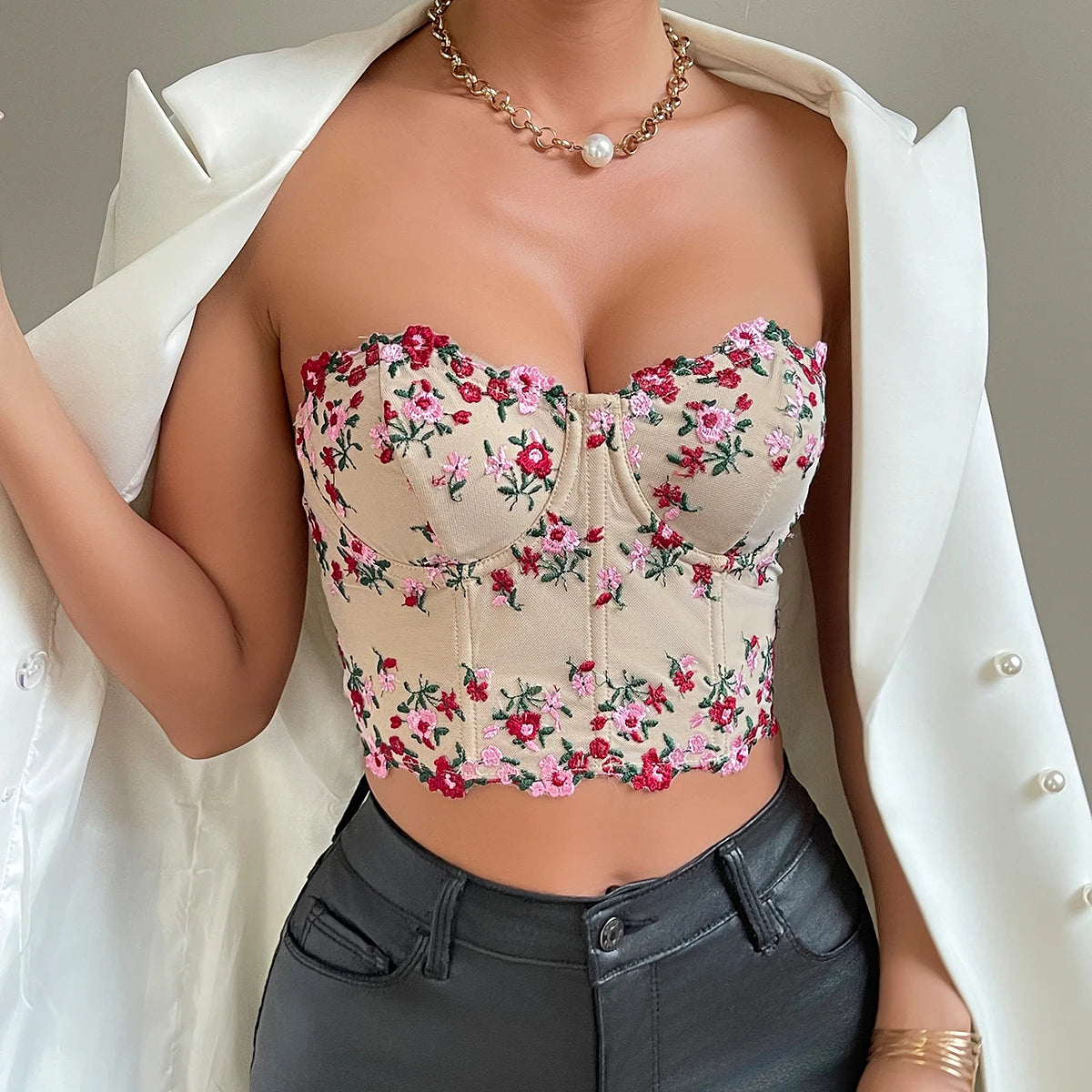 Elegant Floral Lace Corset Crop – Strapless Embroidered Tube Top Camisole