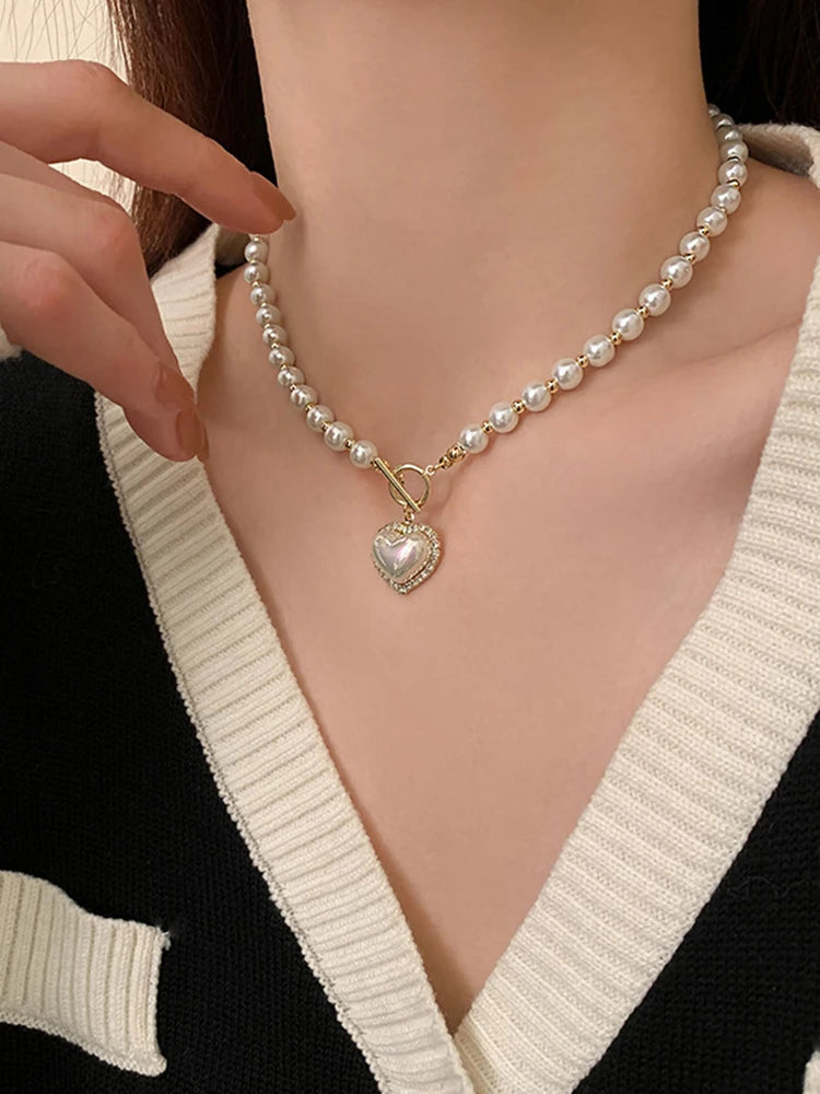 Elegant Pearl Necklace – Heart Pendant with Luxury Imitation Pearls