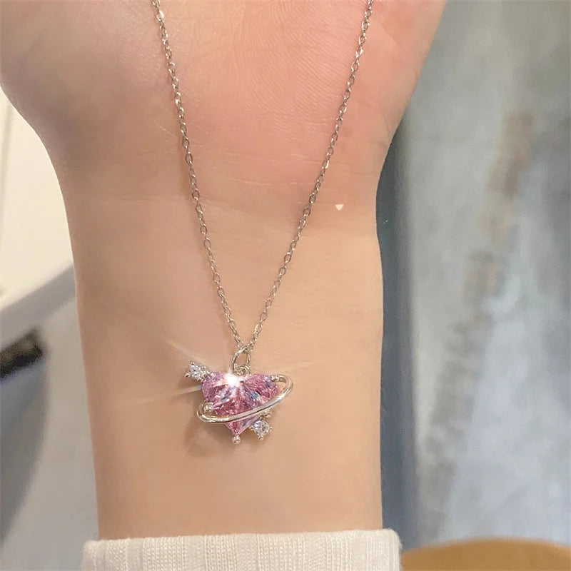 Pink Planet Heart Zircon Pendant Necklace – Aesthetic Clavicle Chain