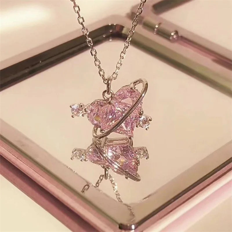 Pink Planet Heart Zircon Pendant Necklace – Aesthetic Clavicle Chain