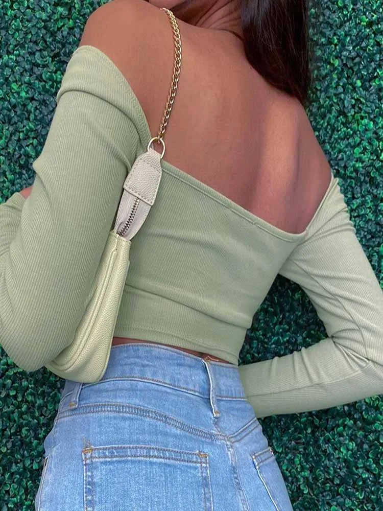 Hollow-Out V-Neck Strapless Long Sleeve Crop Top with Heart Design