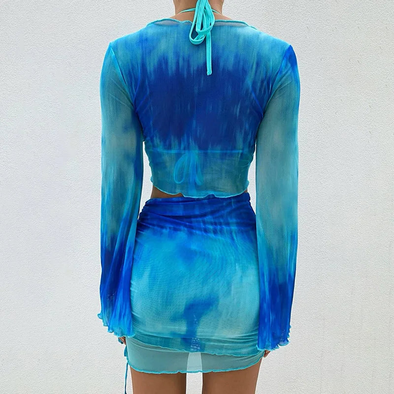 Blue Tie Dye Mesh Two Piece Set – Sheer Crop Cardigan & Mini Skirt