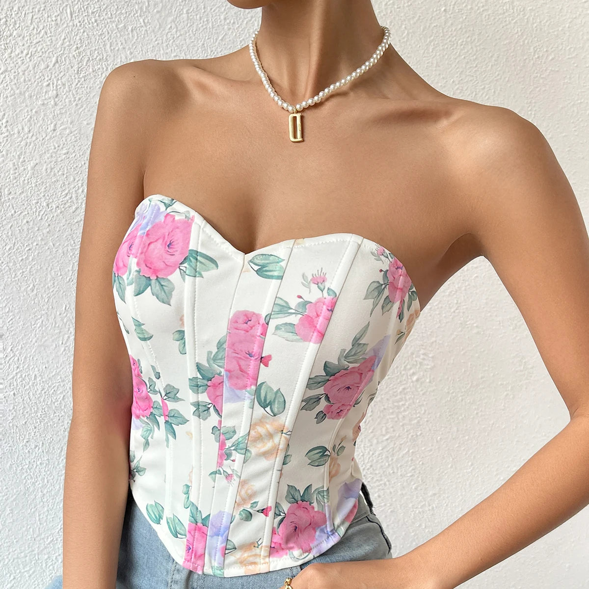 Backless Floral Print Strapless Crop Top – Fishbone Corset Camisole