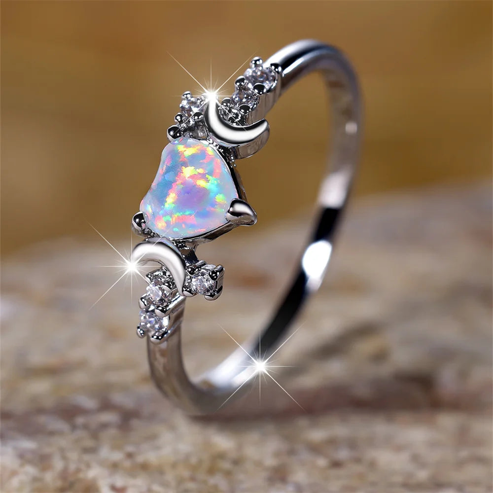 White Fire Opal Heart Ring – Rose Gold & Silver Tone