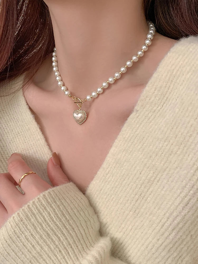 Elegant Pearl Necklace – Heart Pendant with Luxury Imitation Pearls