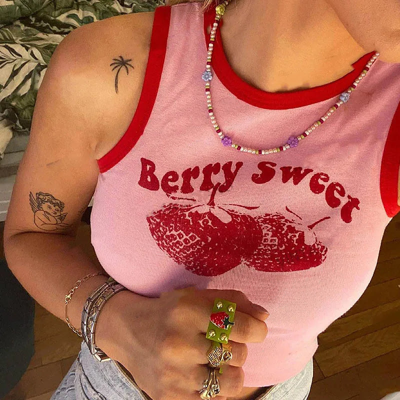 “Berry Sweet” Pink Y2K Off-Shoulder Tank – Vintage 90s Summer Crop Top