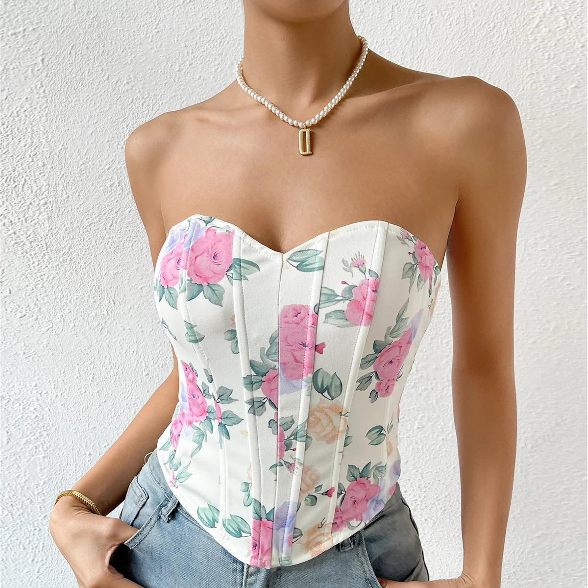 Backless Floral Print Strapless Crop Top – Fishbone Corset Camisole