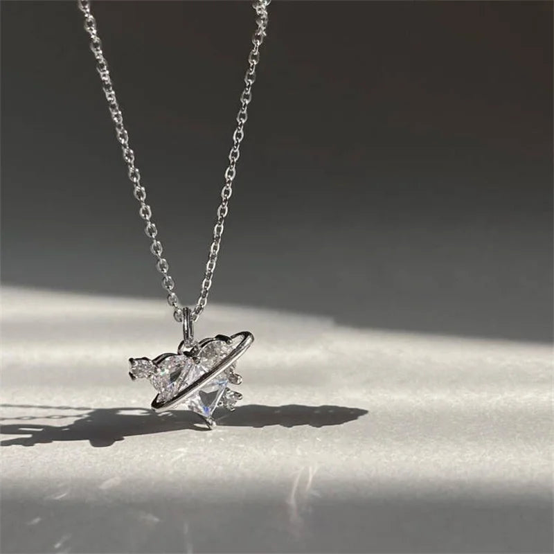 Pink Planet Heart Zircon Pendant Necklace – Aesthetic Clavicle Chain