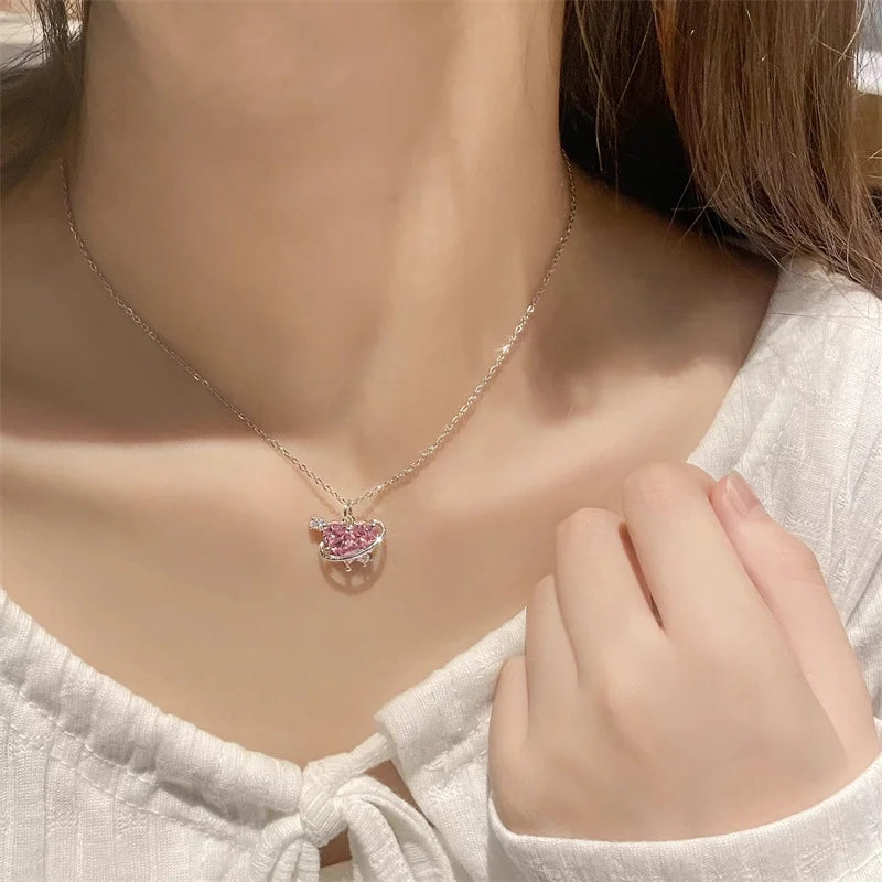 Pink Planet Heart Zircon Pendant Necklace – Aesthetic Clavicle Chain