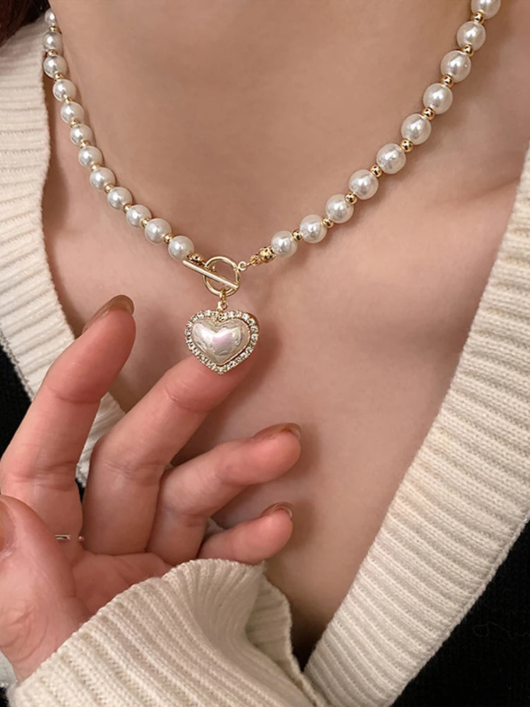 Elegant Pearl Necklace – Heart Pendant with Luxury Imitation Pearls