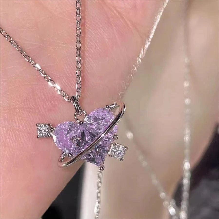 Pink Planet Heart Zircon Pendant Necklace – Aesthetic Clavicle Chain