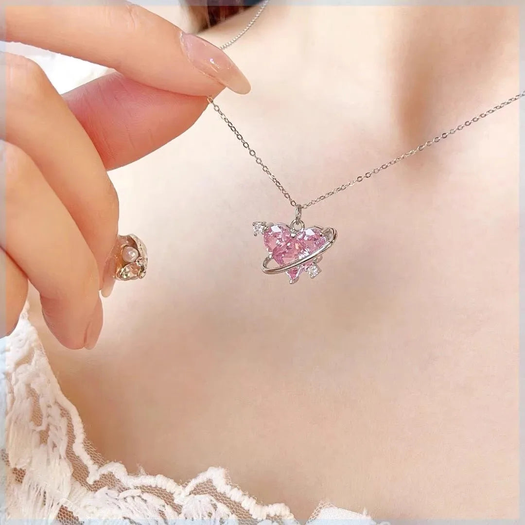 Pink Planet Heart Zircon Pendant Necklace – Aesthetic Clavicle Chain