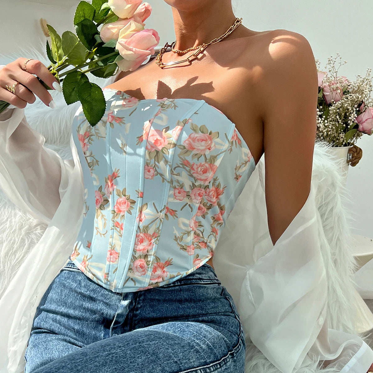 Backless Floral Print Strapless Crop Top – Fishbone Corset Camisole