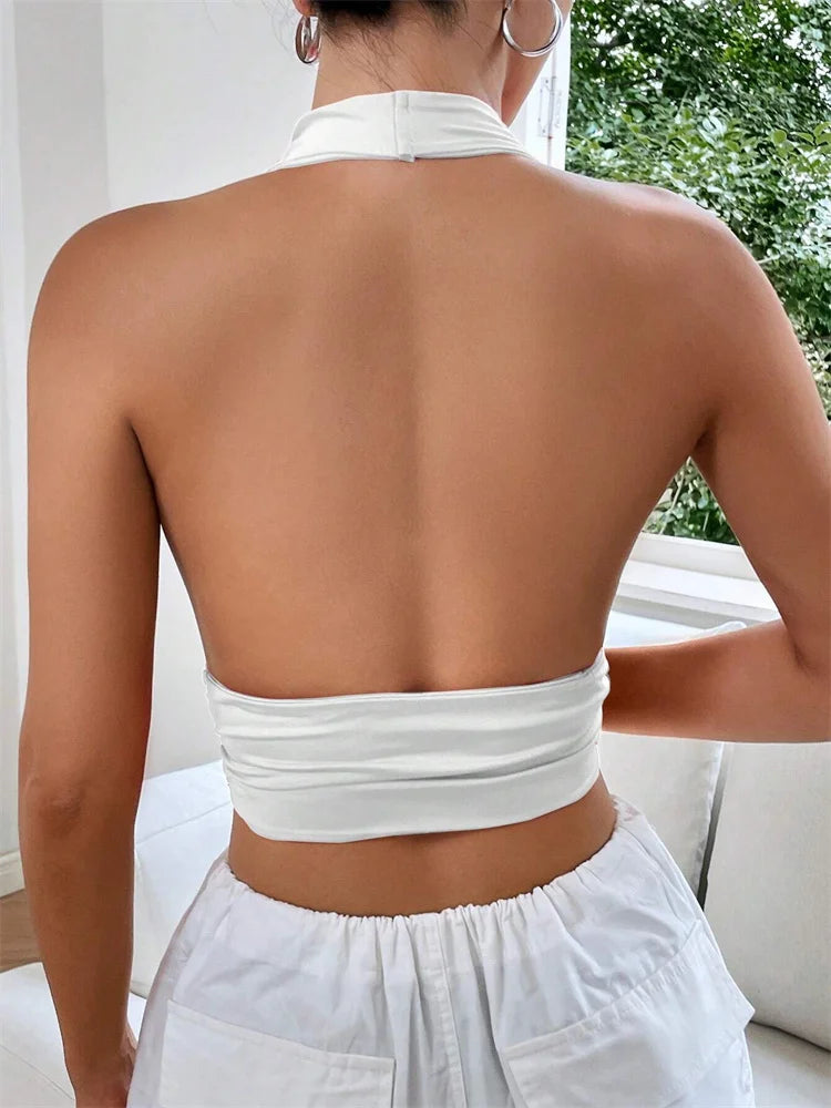 Backless Deep V Halter Crop Top – Flashy Summer Streetwear