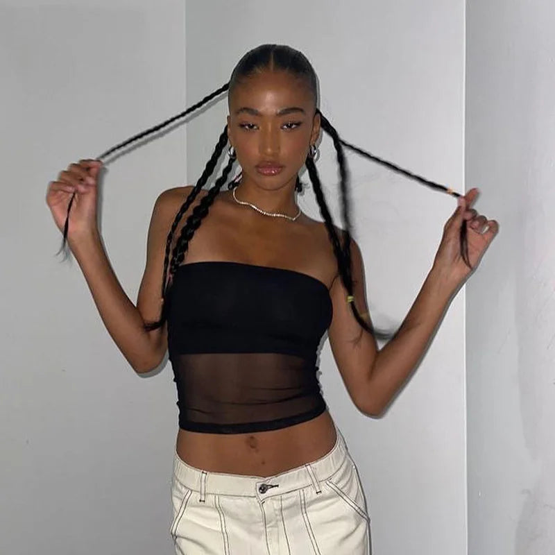 Mesh Corset Crop Top – Strapless Off-Shoulder Tube Top