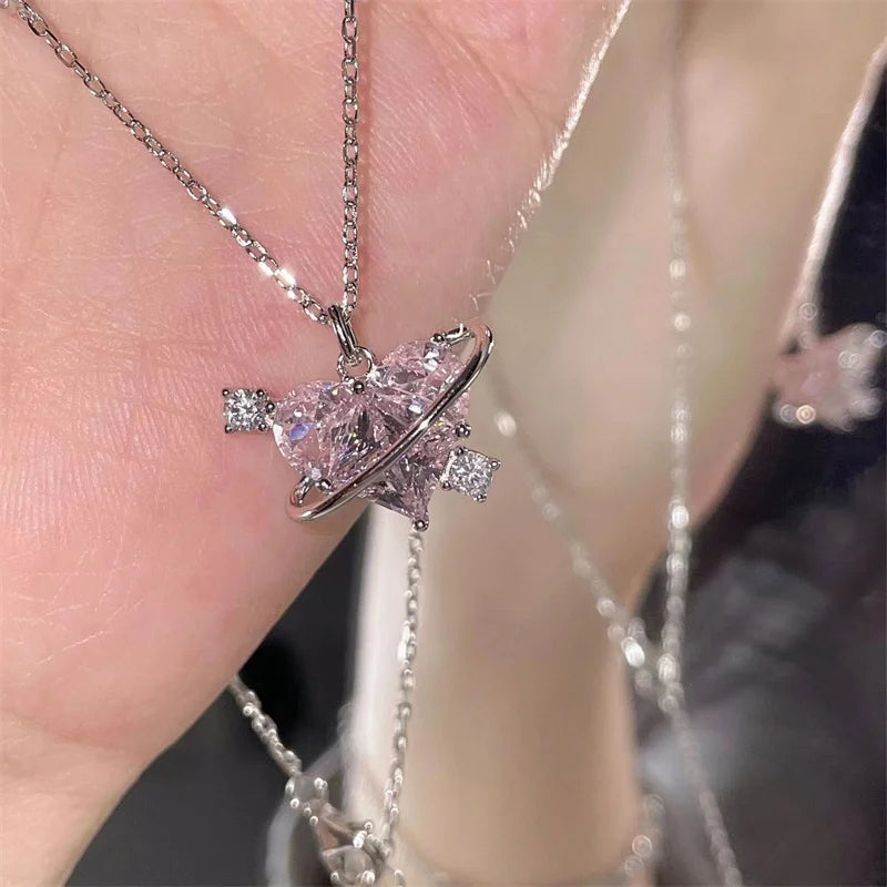 Pink Planet Heart Zircon Pendant Necklace – Aesthetic Clavicle Chain