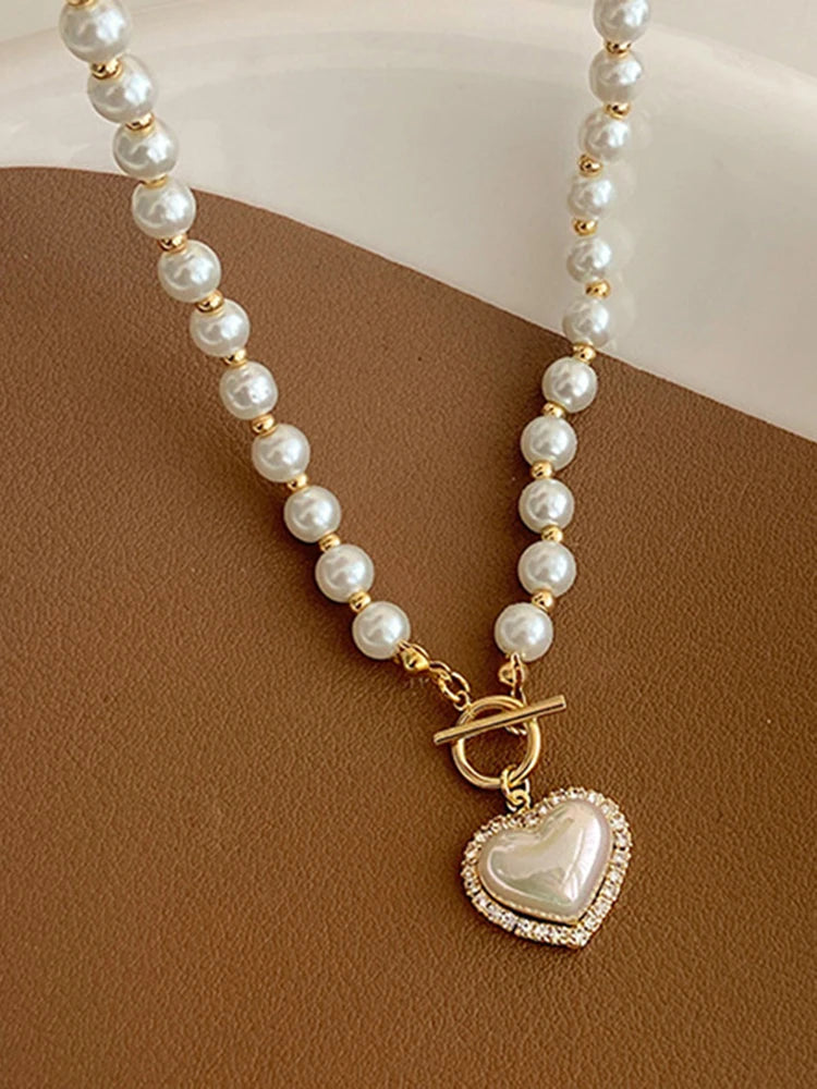 Elegant Pearl Necklace – Heart Pendant with Luxury Imitation Pearls