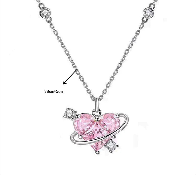 Pink Planet Heart Zircon Pendant Necklace – Aesthetic Clavicle Chain