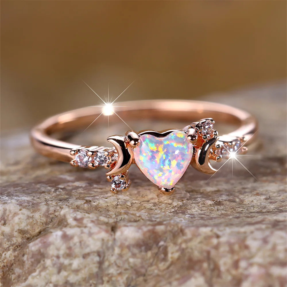 White Fire Opal Heart Ring – Rose Gold & Silver Tone
