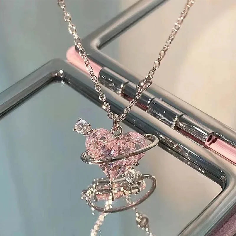 Pink Planet Heart Zircon Pendant Necklace – Aesthetic Clavicle Chain