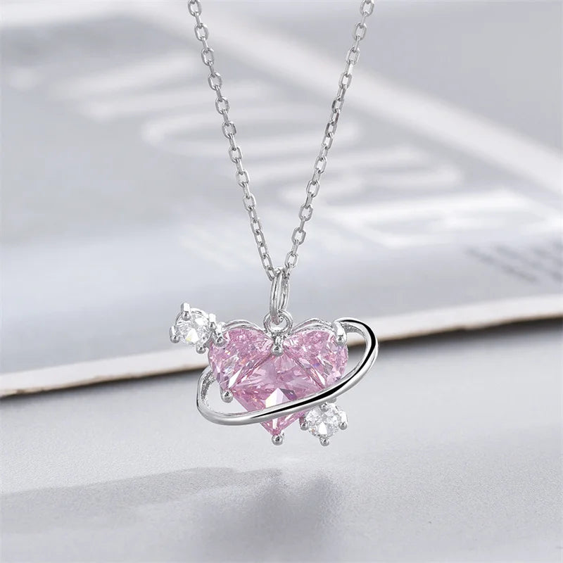 Pink Planet Heart Zircon Pendant Necklace – Aesthetic Clavicle Chain