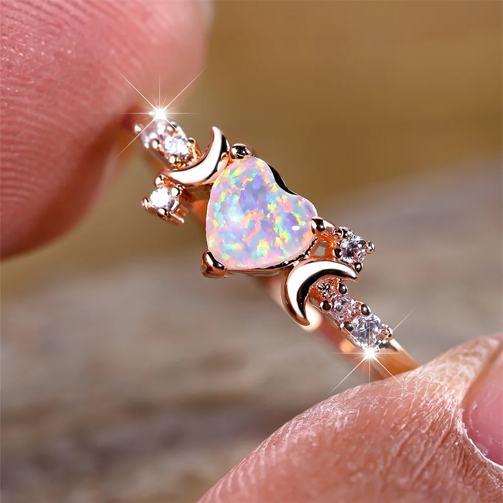 White Fire Opal Heart Ring – Rose Gold & Silver Tone