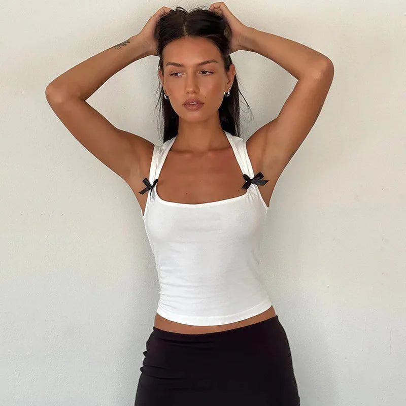 Bow Tie Bandage Crop Top – Y2K Low-Cut Camisole