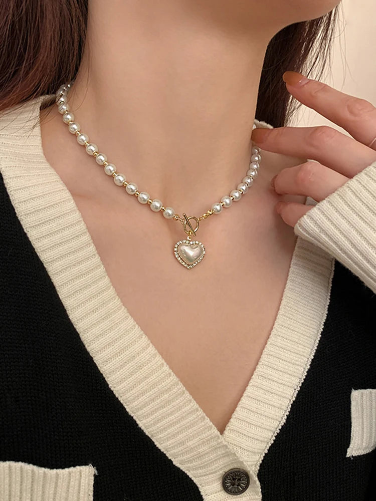 Elegant Pearl Necklace – Heart Pendant with Luxury Imitation Pearls