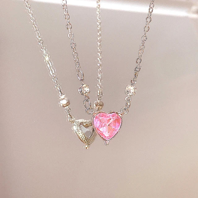 Pink Planet Heart Zircon Pendant Necklace – Aesthetic Clavicle Chain