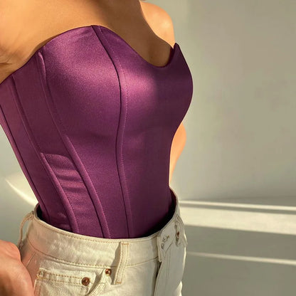 Strapless Satin Corset Tube Top – Solid Color Summer Crop
