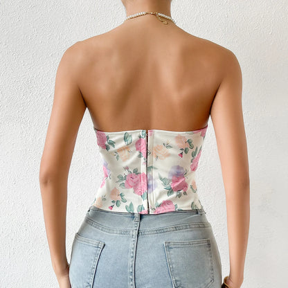 Backless Floral Print Strapless Crop Top – Fishbone Corset Camisole