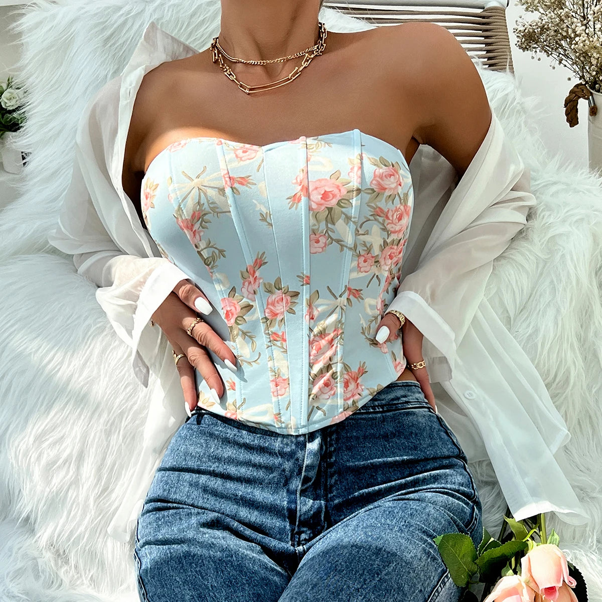 Backless Floral Print Strapless Crop Top – Fishbone Corset Camisole