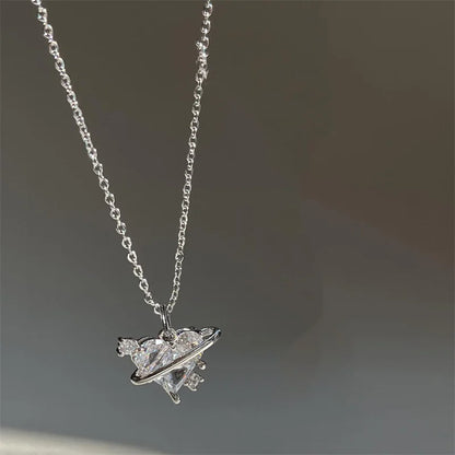 Pink Planet Heart Zircon Pendant Necklace – Aesthetic Clavicle Chain