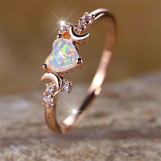 White Fire Opal Heart Ring – Rose Gold & Silver Tone