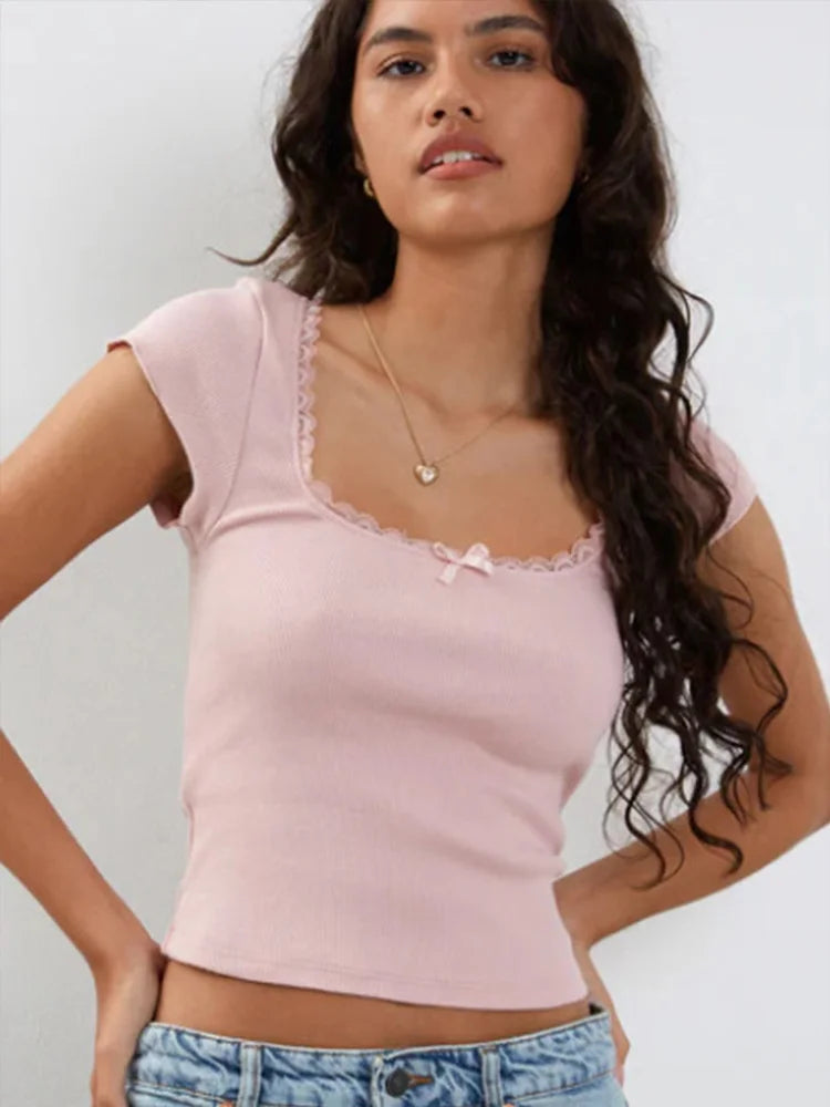 Lace Trim Short Sleeve Baby Tee – Y2K Summer Vintage Vibes