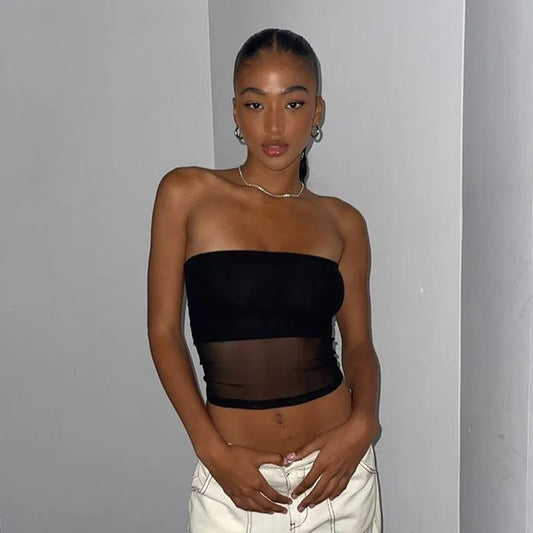 Mesh Corset Crop Top – Strapless Off-Shoulder Tube Top
