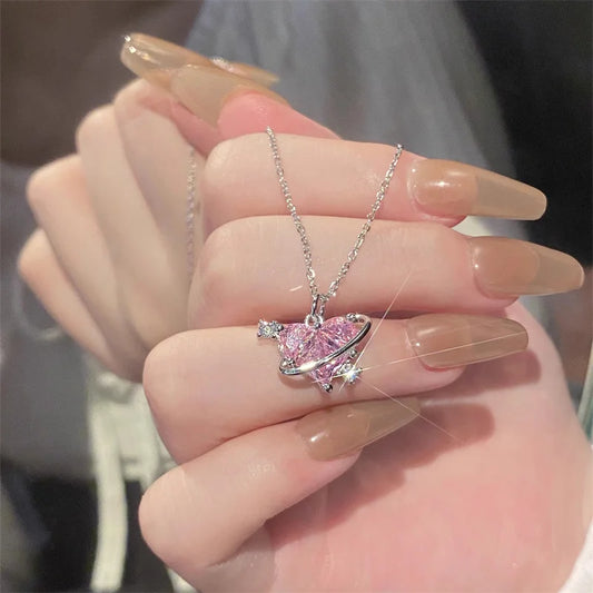 Pink Planet Heart Zircon Pendant Necklace – Aesthetic Clavicle Chain