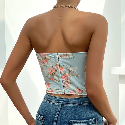 Backless Floral Print Strapless Crop Top – Fishbone Corset Camisole