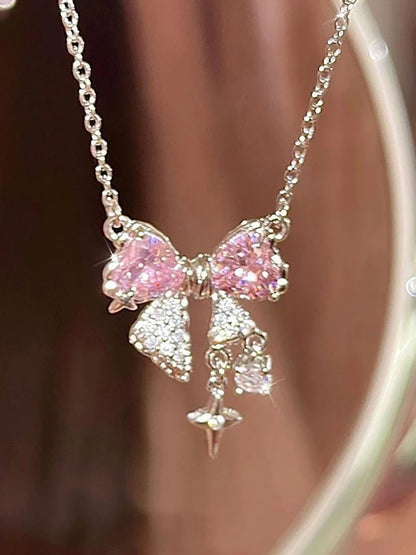 Sweet Pink Bow Necklace – Sparkling Rhinestone Star Pendant